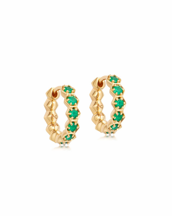Gold Deco Green Agate Huggie Earrings
