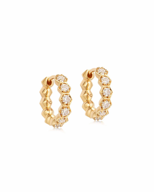 Gold Deco White Sapphire Huggie Earrings