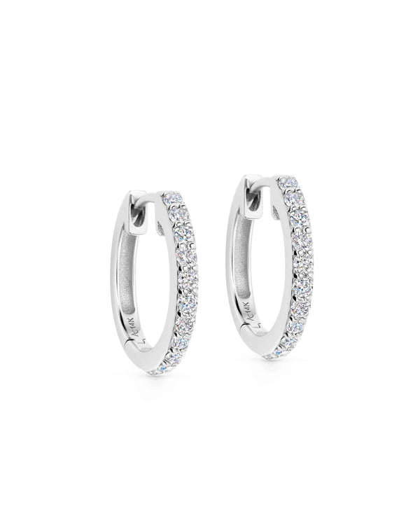 Solid White Gold Medium Halo Diamond Hoop Earrings