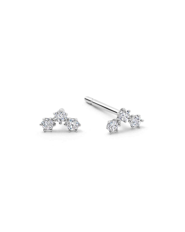 Solid White Gold Triple Diamond Stud Earrings
