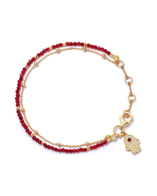 Gold Fine Biography Red Carnelian Hamsa Hand Bracelet