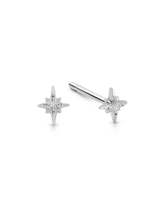 Solid White Gold Mini North Star Stud Earrings