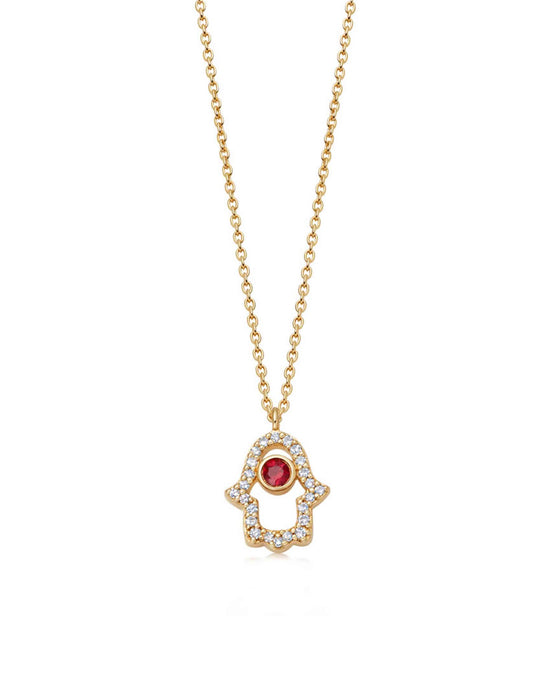 Solid Gold Ruby Hamsa Hand Diamond Pendant Necklace
