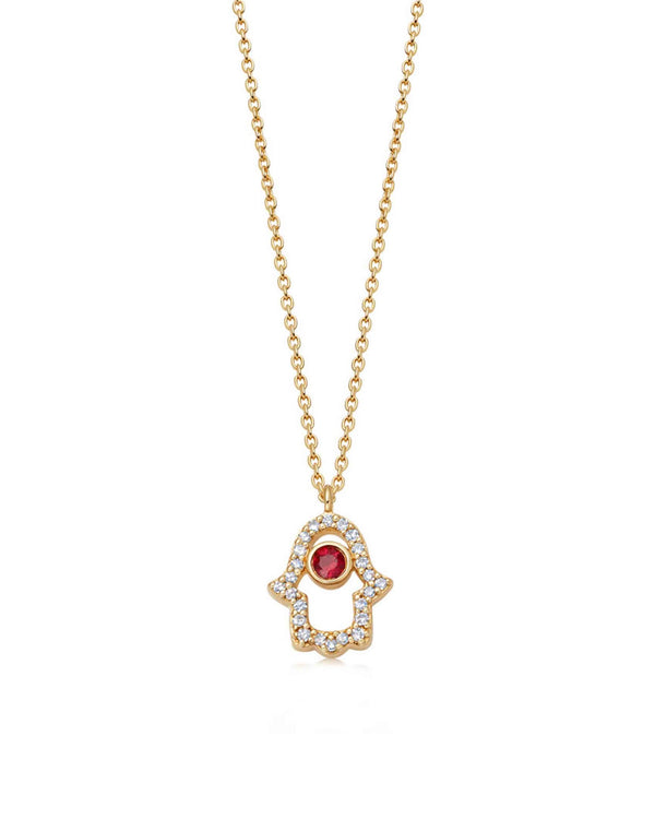 Solid Gold Ruby Hamsa Hand Diamond Pendant Necklace