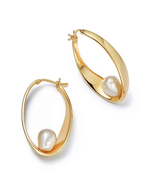 Gold Floe Pearl Hoop Earrings