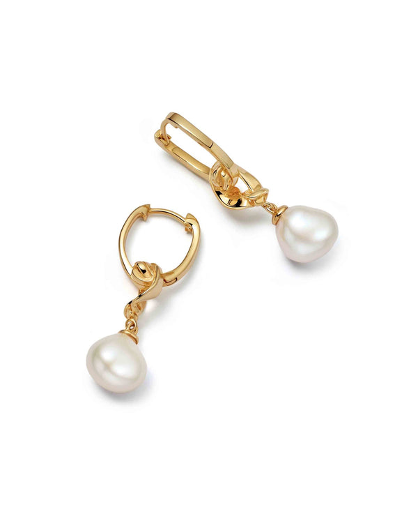 Gold Floe Pearl Drop Huggie Earrings