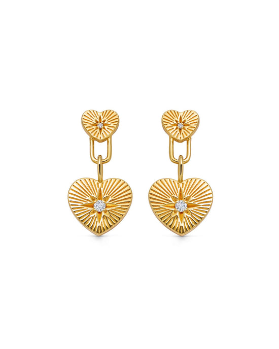 Gold Biography Double Heart Drop Earrings