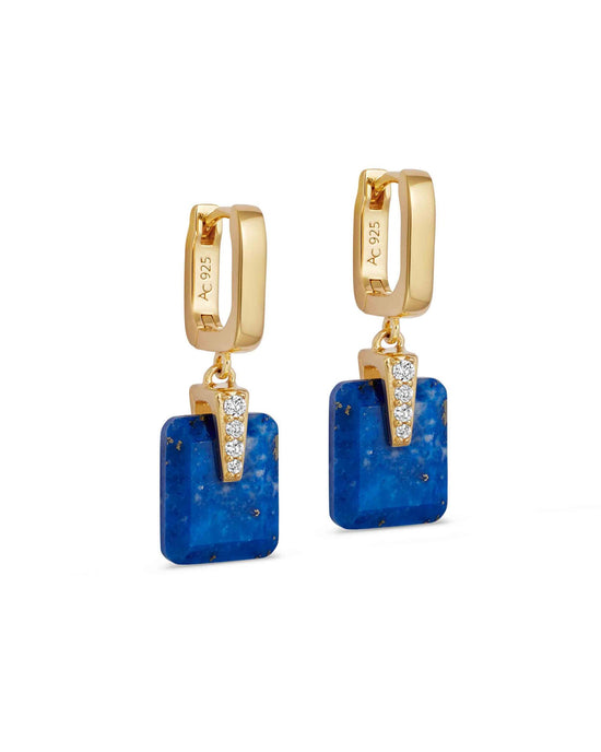 Gold Deco Lapis Drop Huggies