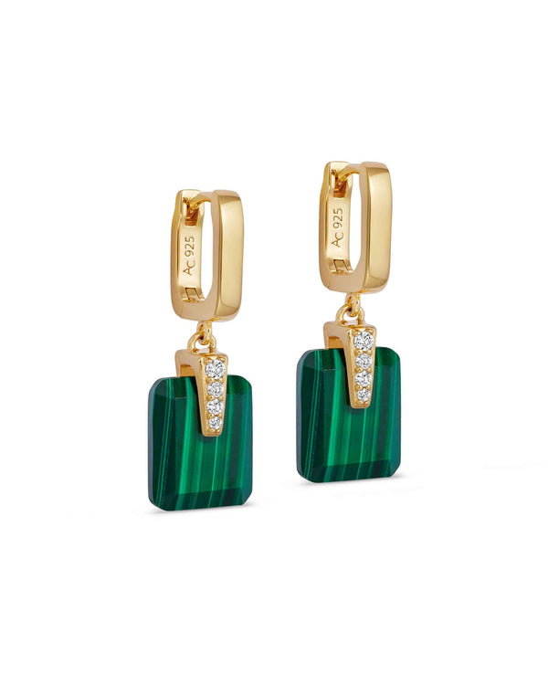 Gold Deco Malachite Drop Huggies