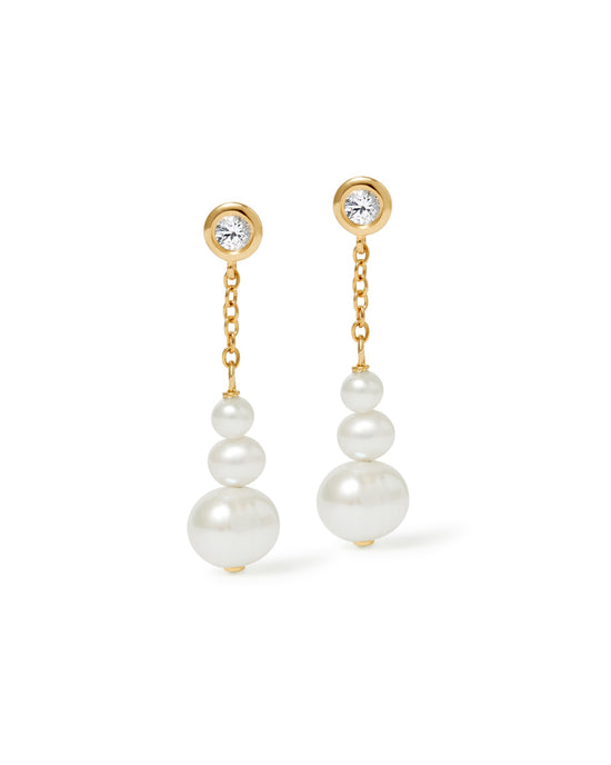 Gold Pearl and Sapphire Chain Stud Earrings