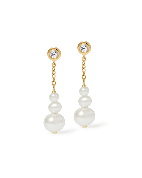 Gold Pearl and Sapphire Chain Stud Earrings