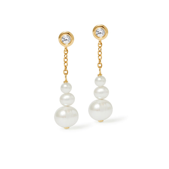 Gold Pearl and Sapphire Chain Stud Earrings