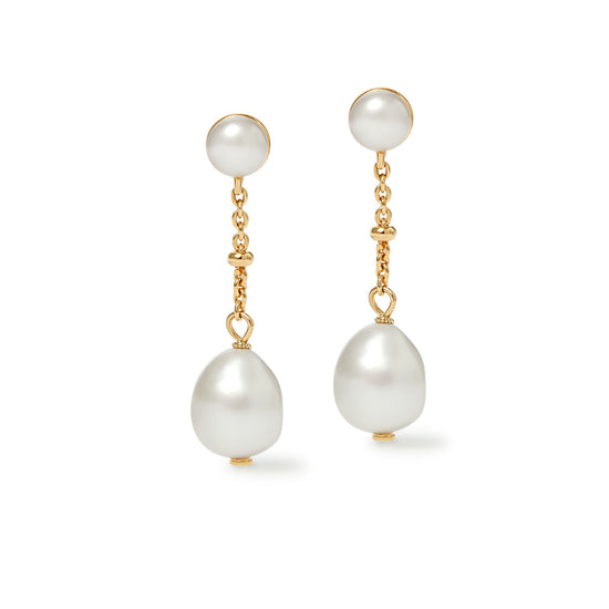 Gold Pearl Chain Stud Earrings