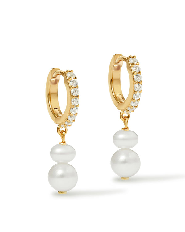 Gold Pearl and Sapphire Huggie Earrings