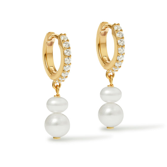 Gold Pearl and Sapphire Huggie Earrings