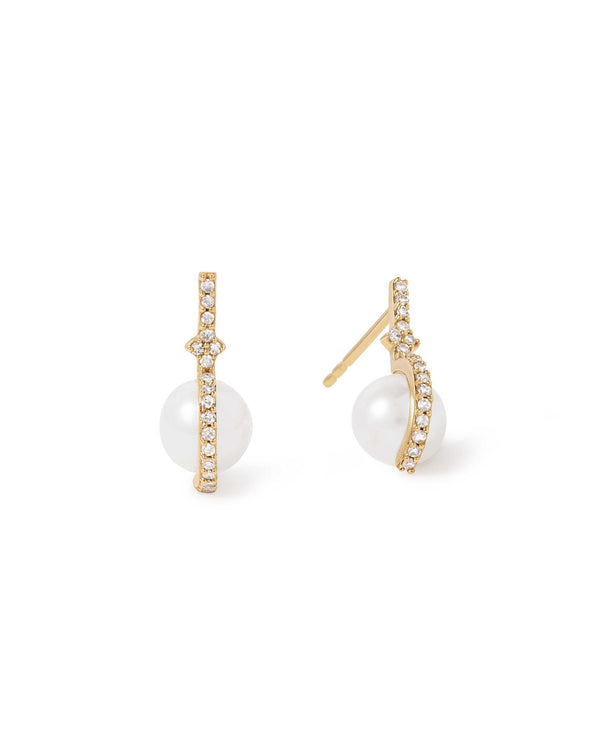 Solid Gold Luna Pearl and Diamond Stud Earrings