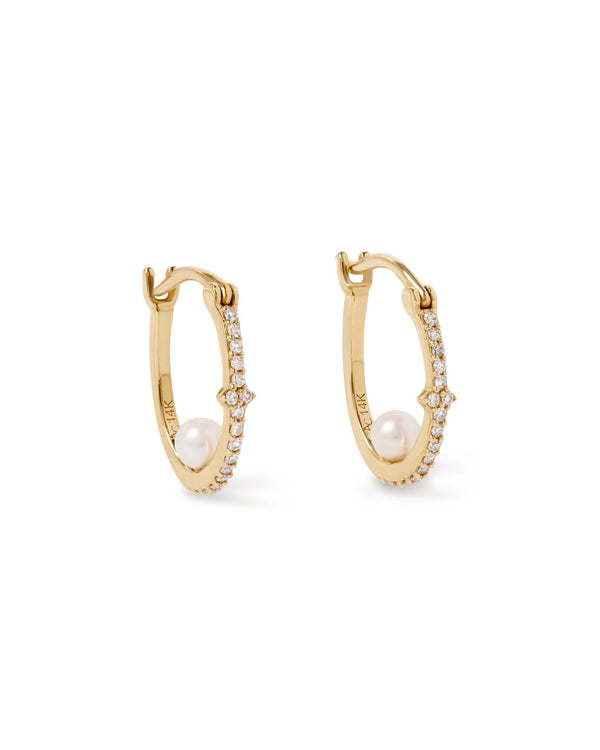 Solid Gold Luna Pearl and Diamond Hoop Earrings