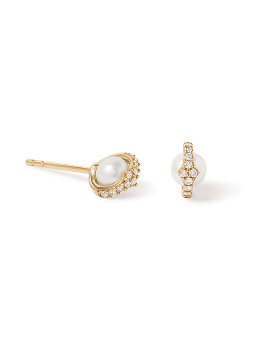 Solid Gold Luna Mini Pearl and Diamond Stud Earrings