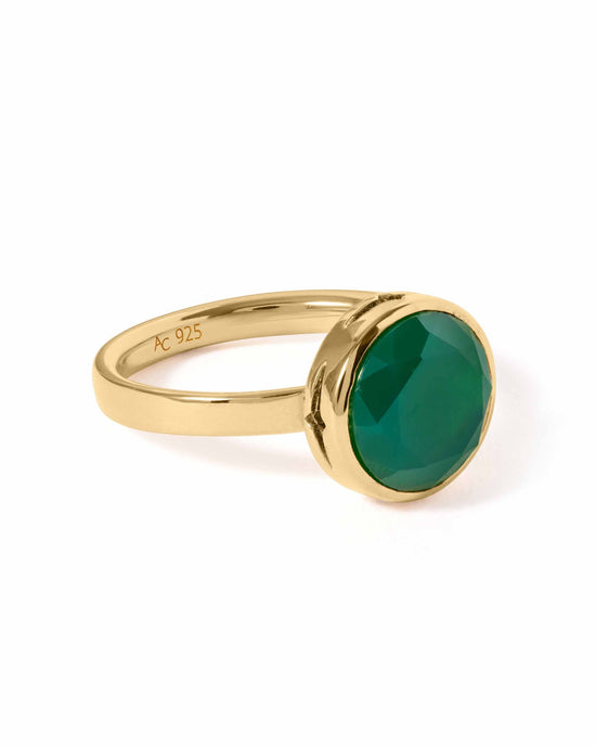 Gold Large Luna Green Agate Ring