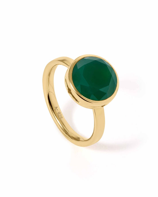 Gold Large Luna Green Agate Ring