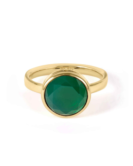 Gold Large Luna Green Agate Ring