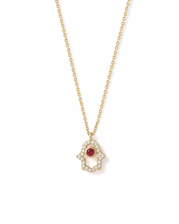 Solid Gold Ruby Hamsa Hand Diamond Pendant Necklace