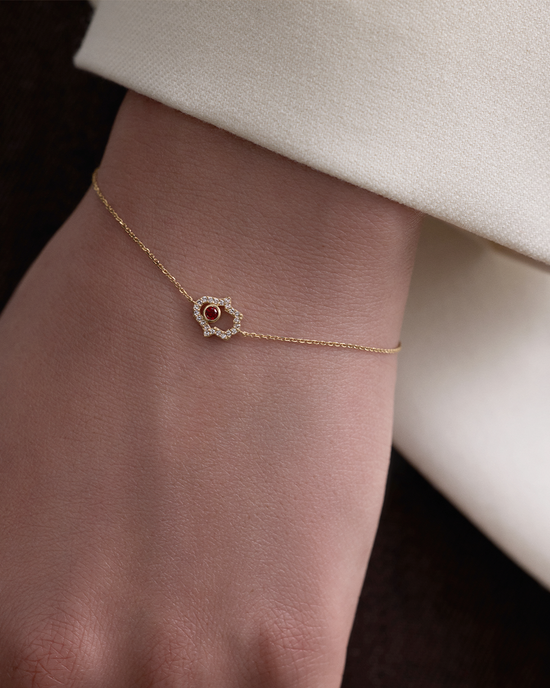 Solid Gold Ruby Hamsa Hand Diamond Bracelet