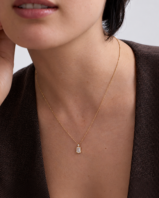 Solid Gold Large Emerald Cut Diamond Pendant Necklace
