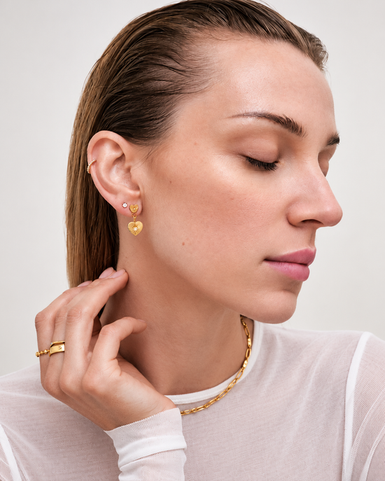 Gold Biography Double Heart Drop Earrings