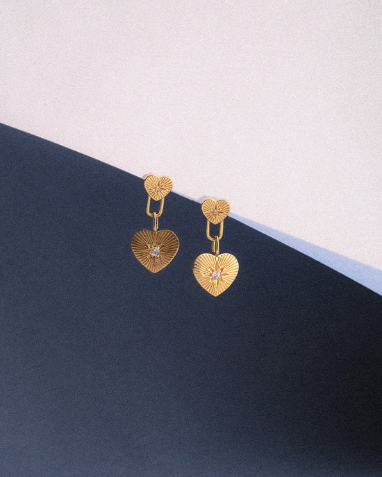 Gold Biography Double Heart Drop Earrings