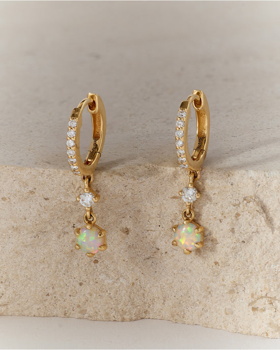 Solid Gold Interstellar Drop Opal and Lab Grown Diamond Earrings