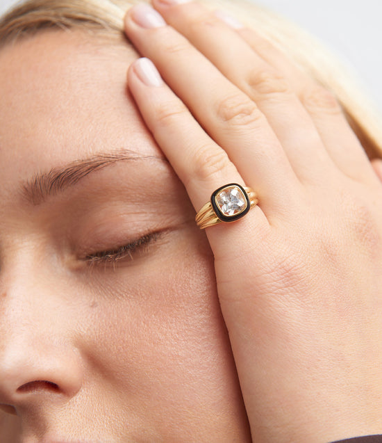 Gold Flare White Topaz Cushion Cut Signet Ring