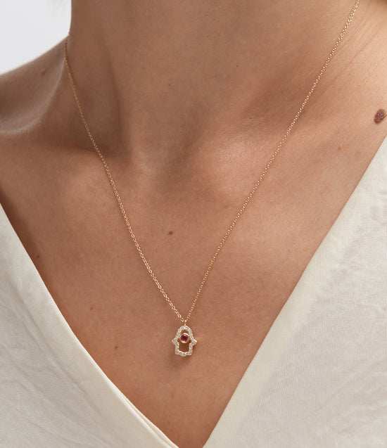 Solid Gold Ruby Hamsa Hand Diamond Pendant Necklace
