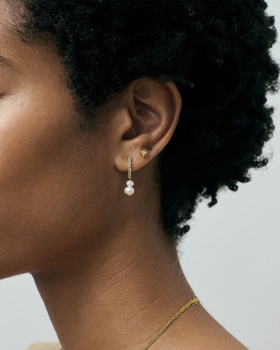 Gold Pearl and Sapphire Huggie Earrings
