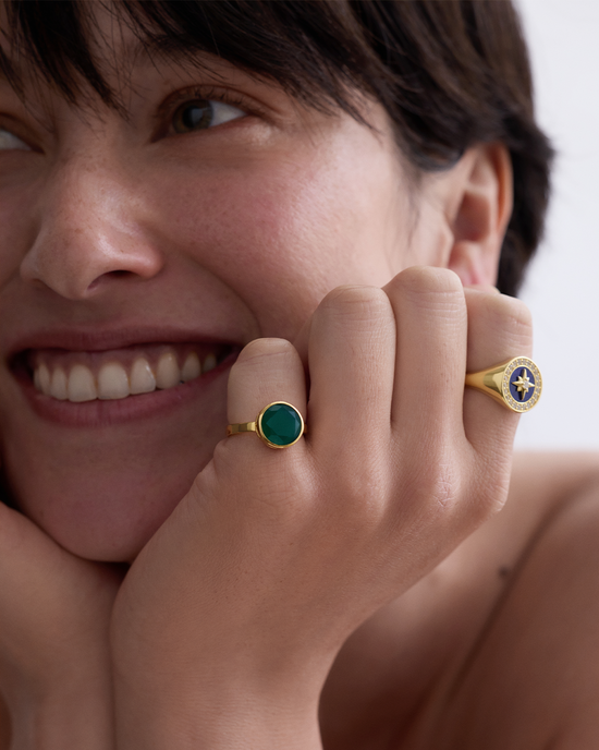 Gold Large Luna Green Agate Ring
