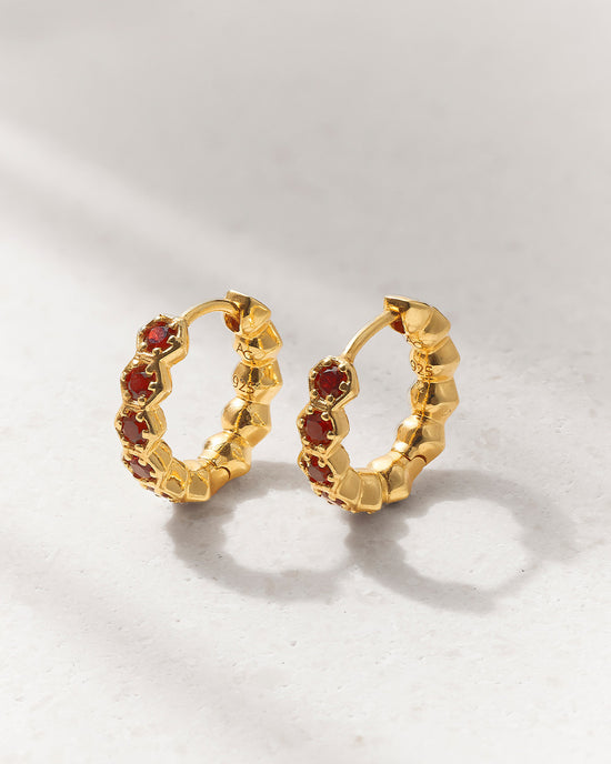 Gold Deco Red Garnet Huggie Earrings