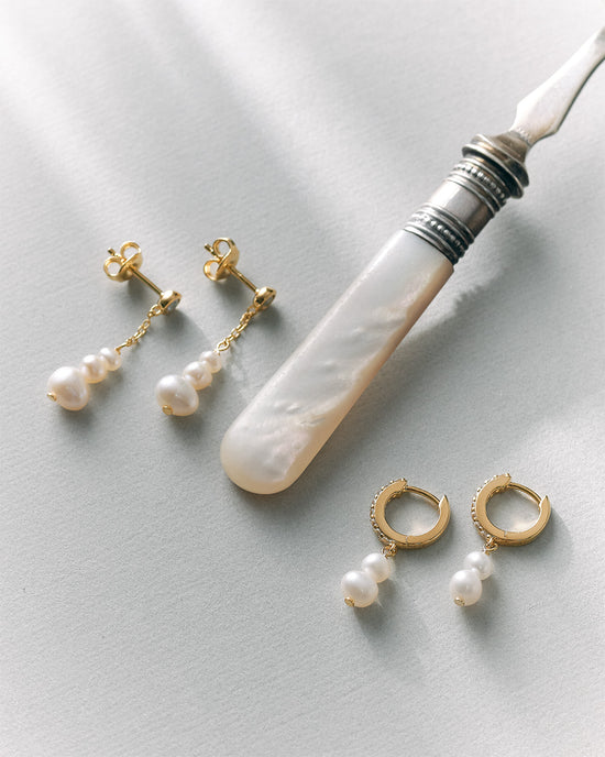 Gold Pearl and Sapphire Huggie Earrings