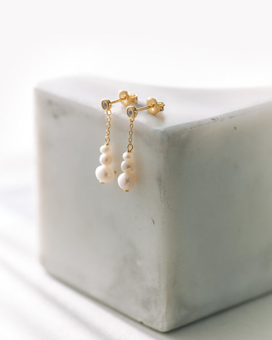 Gold Pearl and Sapphire Chain Stud Earrings