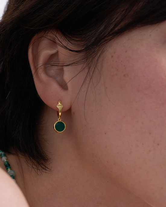 Gold Luna Green Agate Huggie Earrings