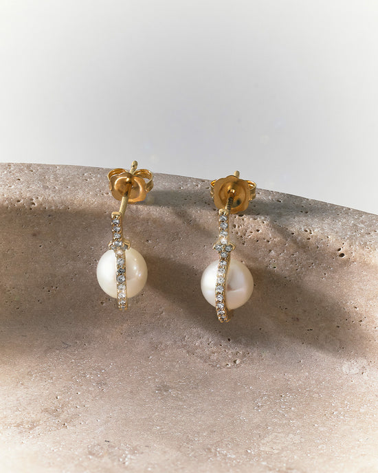 Solid Gold Luna Pearl and Diamond Stud Earrings