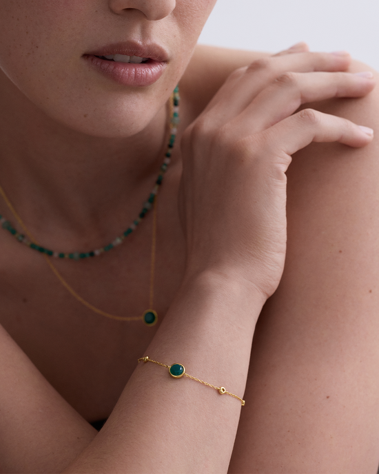 Gold Luna Green Agate Station Bracelet
