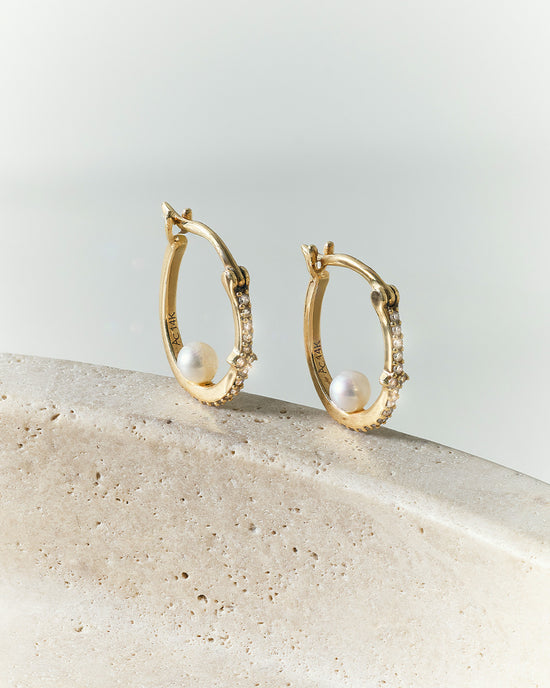 Solid Gold Luna Pearl and Diamond Hoop Earrings