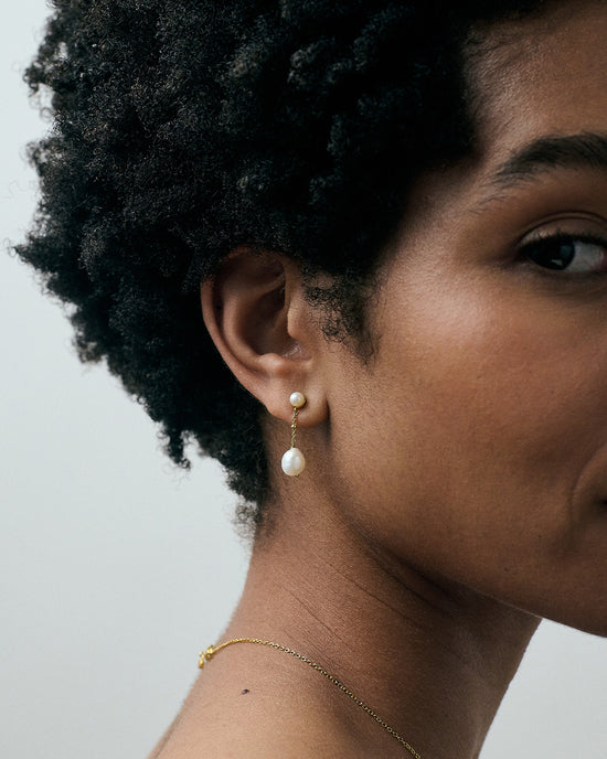 Gold Pearl Chain Stud Earrings