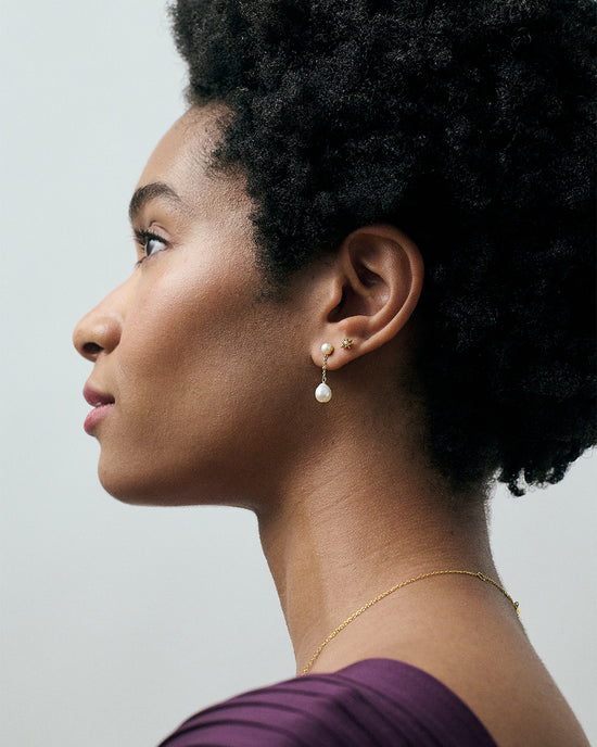 Gold Pearl Chain Stud Earrings