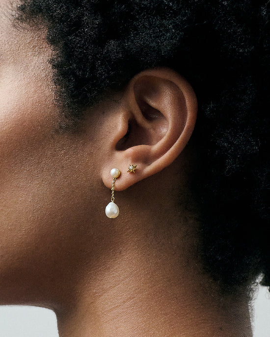 Gold Pearl Chain Stud Earrings