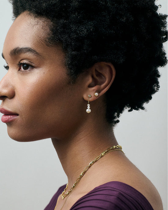 Gold Pearl and Sapphire Chain Stud Earrings