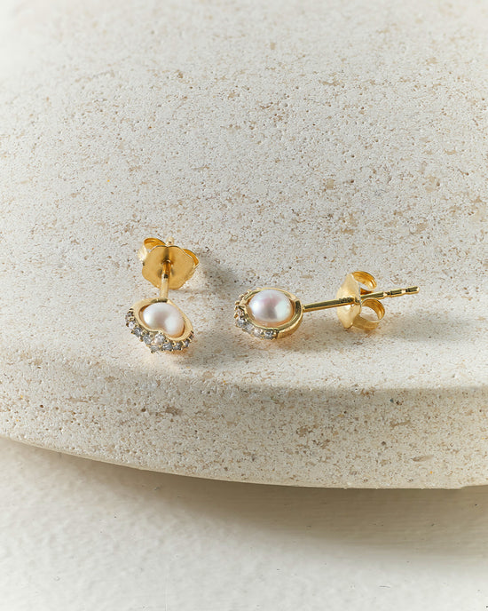Solid Gold Luna Mini Pearl and Diamond Stud Earrings