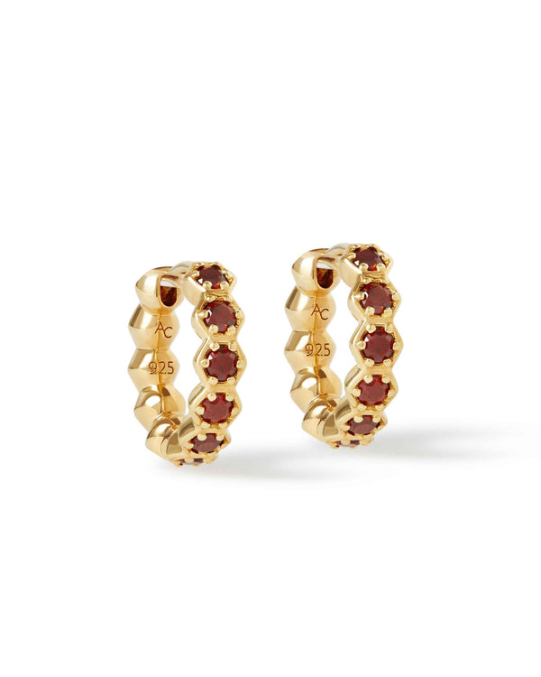 Gold Deco Red Garnet Huggie Earrings