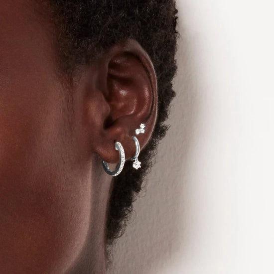 Solid White Gold Medium Halo Diamond Hoop Earrings