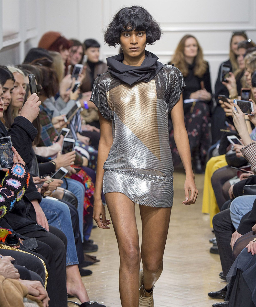Model wearing metallic JW Anderson pieces at a Fashion Show for the Autumn/Winter 2017 collection